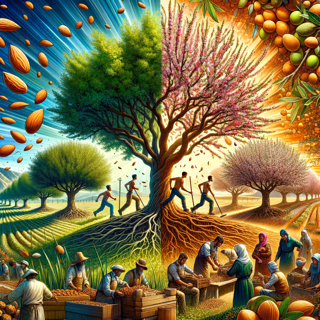 Almond tree cultivation stages, almond harvest festivals, and diverse almond tree varieties illustrating the history and global significance of almond production.