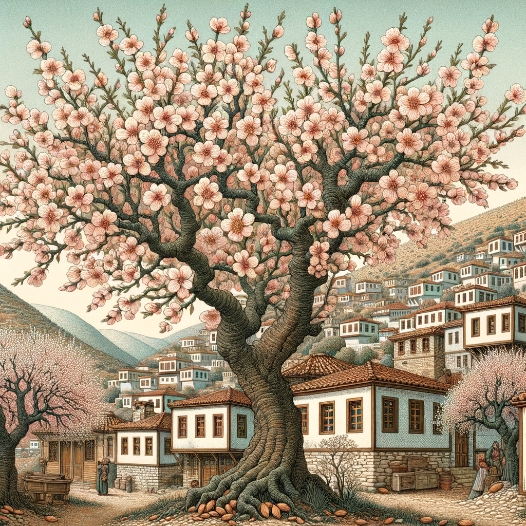 Almond trees in full bloom in a traditional Turkish village, showcasing the cultural significance and folklore of almond trees in Turkish culture.