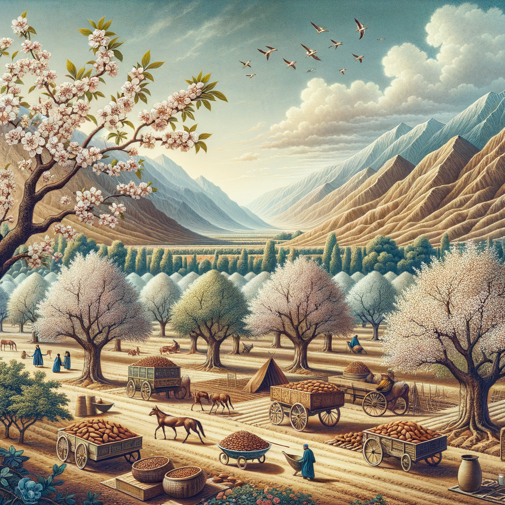 Panoramic view of Iranian almond tree farming showcasing diverse varieties and symbolic significance of almond trees in Iranian culture and literature.