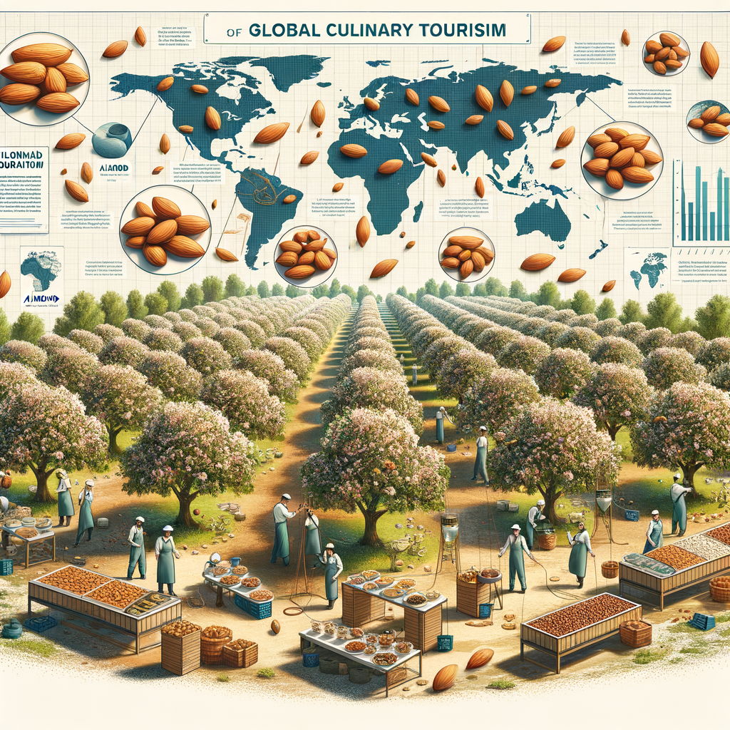 Panoramic view of an almond farm showcasing almond trees, almond production, and almond-based cuisine, highlighting the role of almond farming in global culinary tourism and almond food tourism.