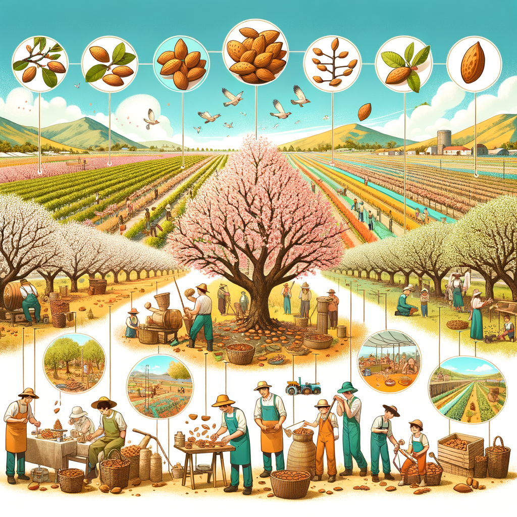 Vibrant image illustrating almond tree cultivation, almond harvest techniques, almond tree varieties, and almond tree care during almond harvest season, alongside traditional almond festivals and festival activities, showcasing the cultural significance and history of almond harvesting.