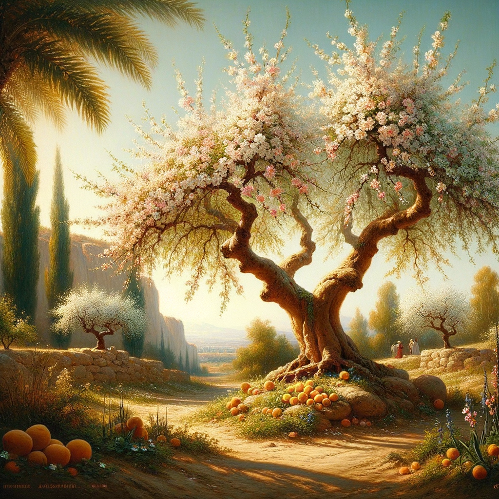 Artistic representation of almond trees in cultural landscape art, illustrating almond trees symbolism and their influence on art and art history.