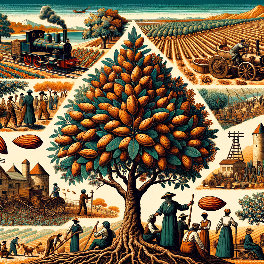 Vibrant illustration of the history of almond trees in France, showcasing French almond farming, traditional almond cultivation techniques, and the role of almond trees in French culture and agriculture.