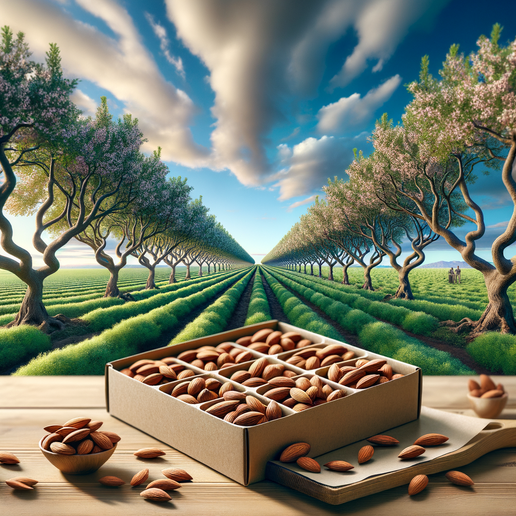 Panoramic view of sustainable almond tree cultivation and eco-friendly almond packaging solutions, highlighting almond industry sustainability and environmental responsibility in almond farming practices.