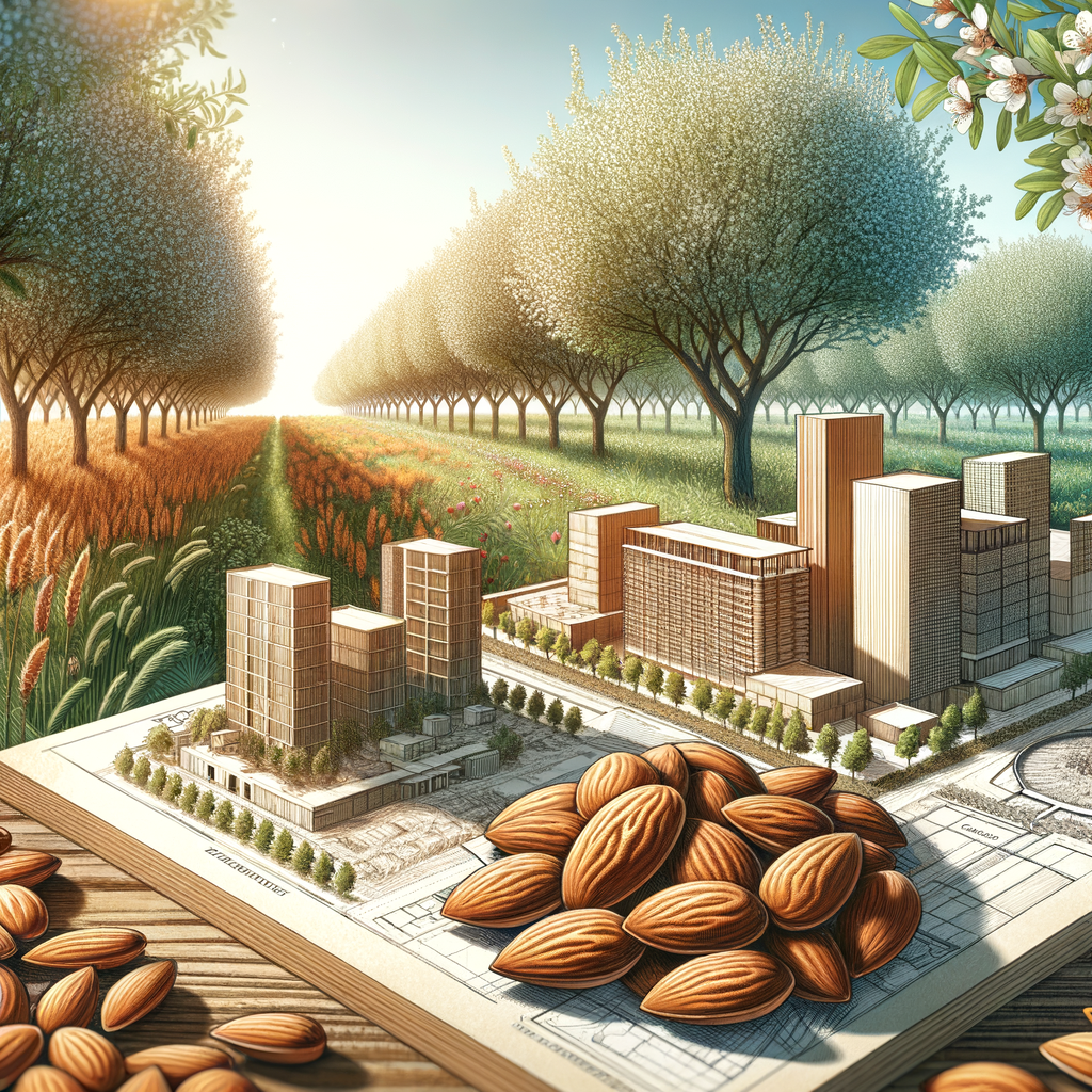 Panoramic view of sustainable almond trees in an orchard, showcasing almond wood and almond biomass used in eco-friendly building and green construction materials.
