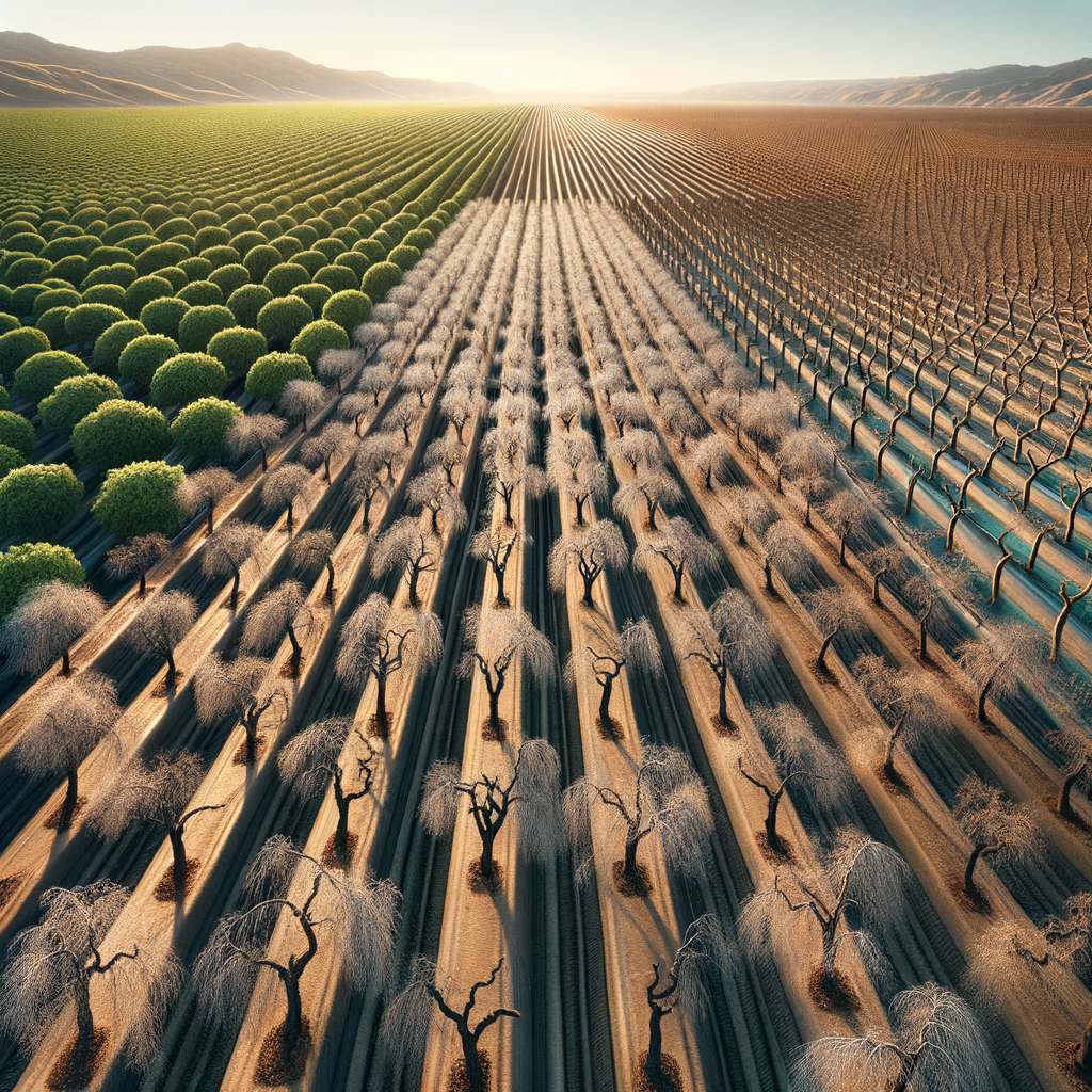 Over-farmed almond tree plantation illustrating the environmental impact of almond farming and the potential for sustainable practices.