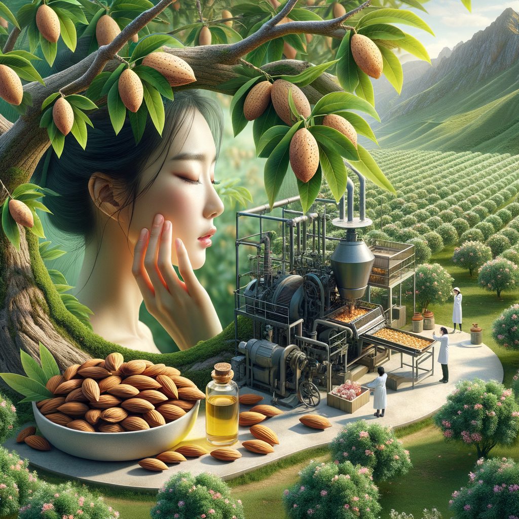 Almond tree cultivation showcasing benefits of almond oil, almond skincare and hair care products, and almond extracts in cosmetics, highlighting beauty industry trends and the use of natural ingredients in beauty products.