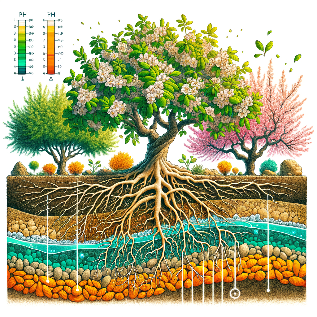 Professional illustration of almond tree cultivation highlighting the impact of almond trees on soil pH levels, demonstrating almond tree soil requirements for optimal growth and farming.