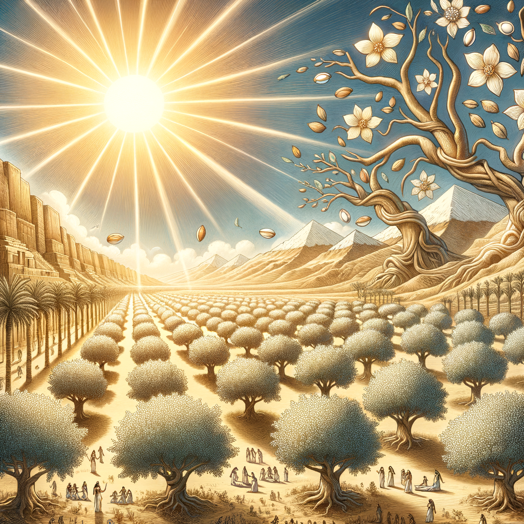 Panoramic view of Egyptian almond trees showcasing their historical significance, varieties, cultivation, and uses in ancient Egypt under a radiant sun.