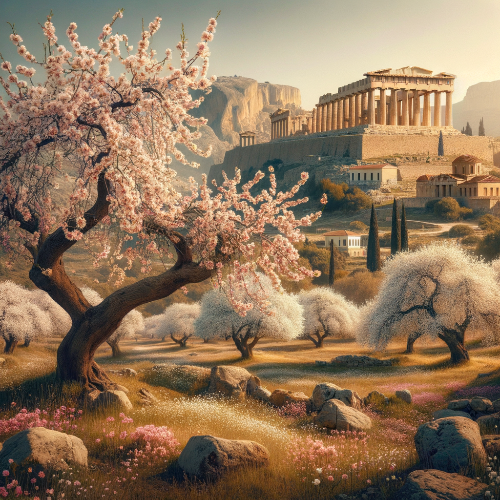 Ancient Greek almond trees in full bloom, highlighting the history of almond trees in Greece and their significance in Greek history, set against the backdrop of historical ruins symbolizing almond cultivation in Greece.