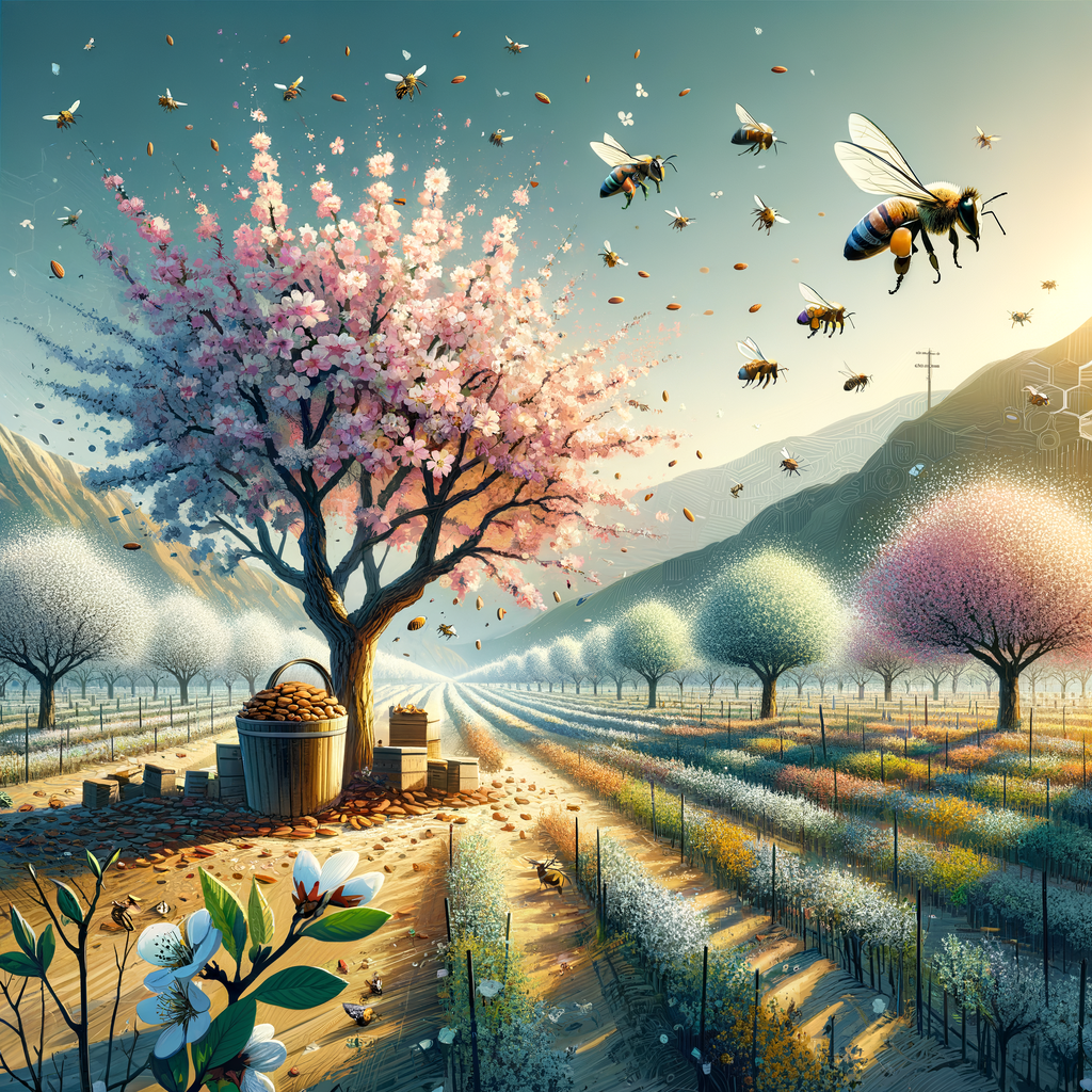 Almond tree cultivation in full blossom, highlighting sustainable beekeeping practices, almond pollination, and honey production, demonstrating the beneficial impact of almond trees on bees and sustainable farming.