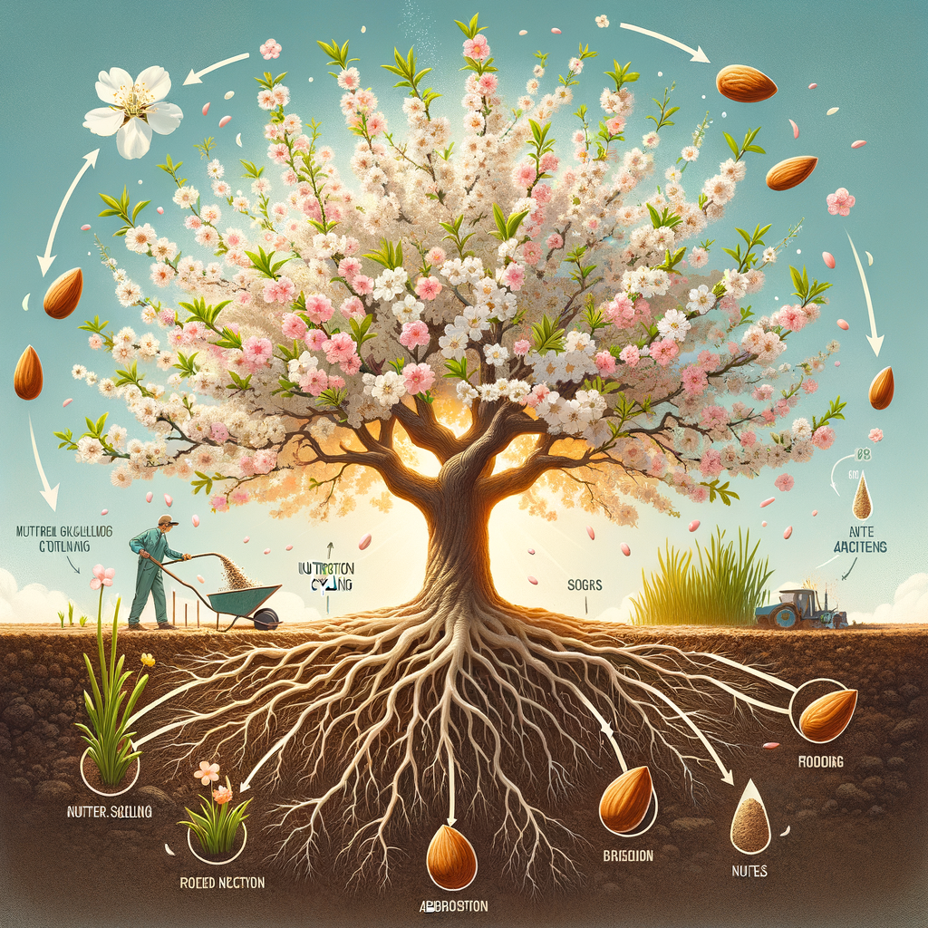 Almond tree showcasing the benefits of nutrient cycling in plants during cultivation, emphasizing almond tree growth, care, and nutrient absorption for soil health.