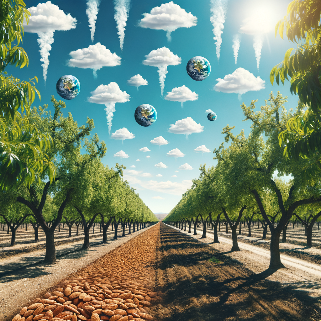 Almond tree plantation illustrating the role of almond trees in carbon sequestration, highlighting their environmental impact and benefits in climate change mitigation.