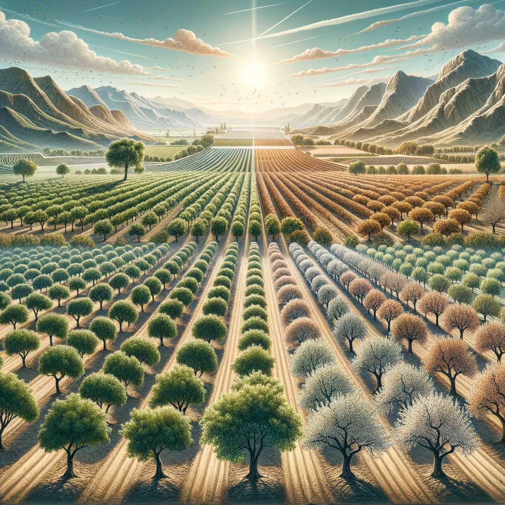 Scenic almond tree farm in France illustrating the history and importance of almond tree cultivation in French agriculture and almond production.