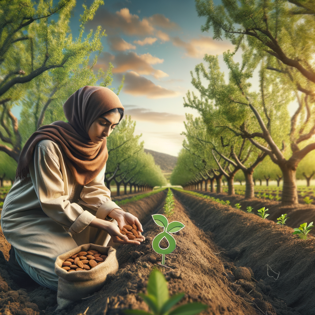 Farmer implementing eco-friendly pest control methods in a healthy almond orchard, showcasing sustainable almond farming and organic almond tree care to combat pests and diseases.