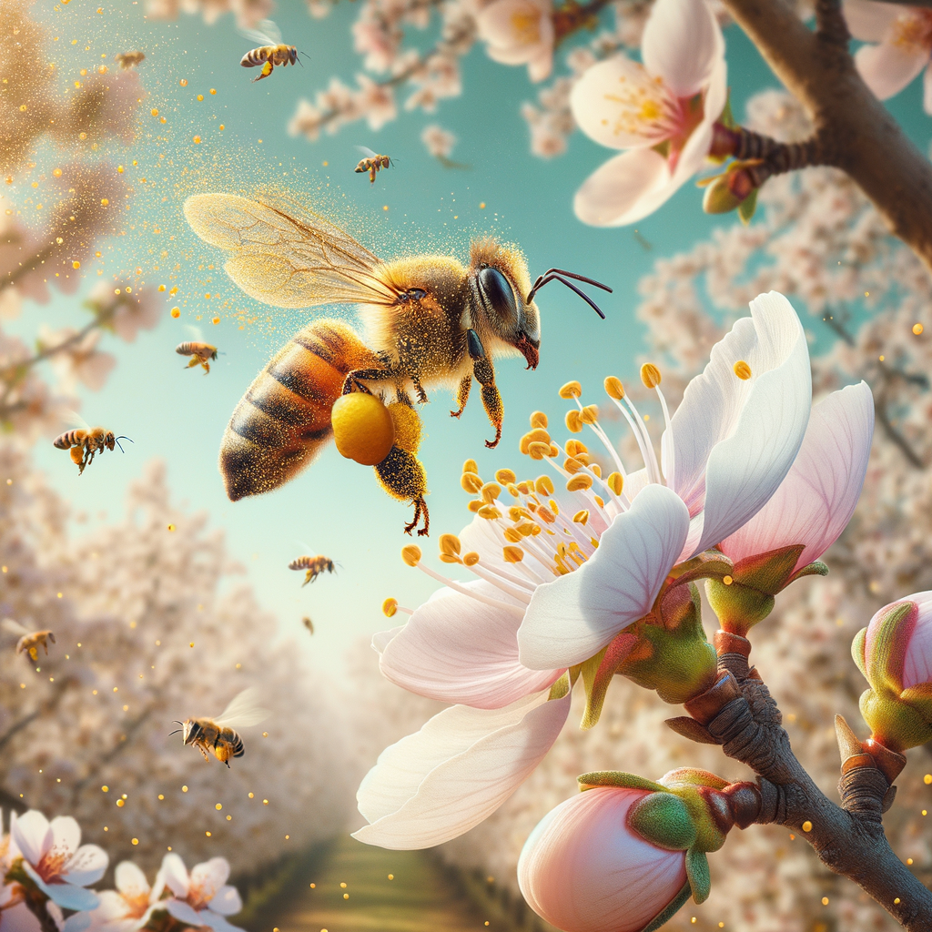 Honey bee pollinating a blossoming almond tree, highlighting the importance of bees in almond production and almond tree care during the almond pollination season in a thriving almond orchard.