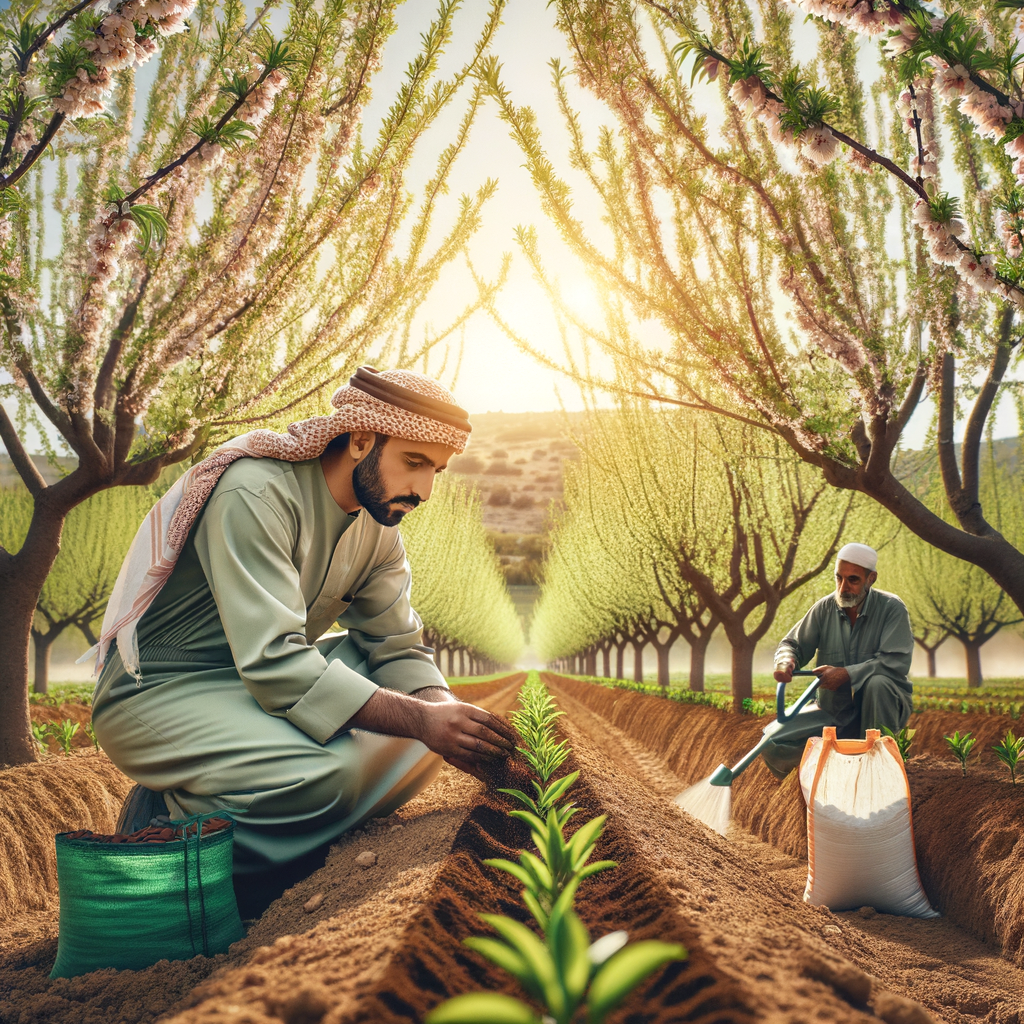 Professional farmer applying natural fertilizers in an eco-friendly almond tree plantation, highlighting the benefits of organic farming and soil nutrition for healthy almond tree growth and organic almond production.