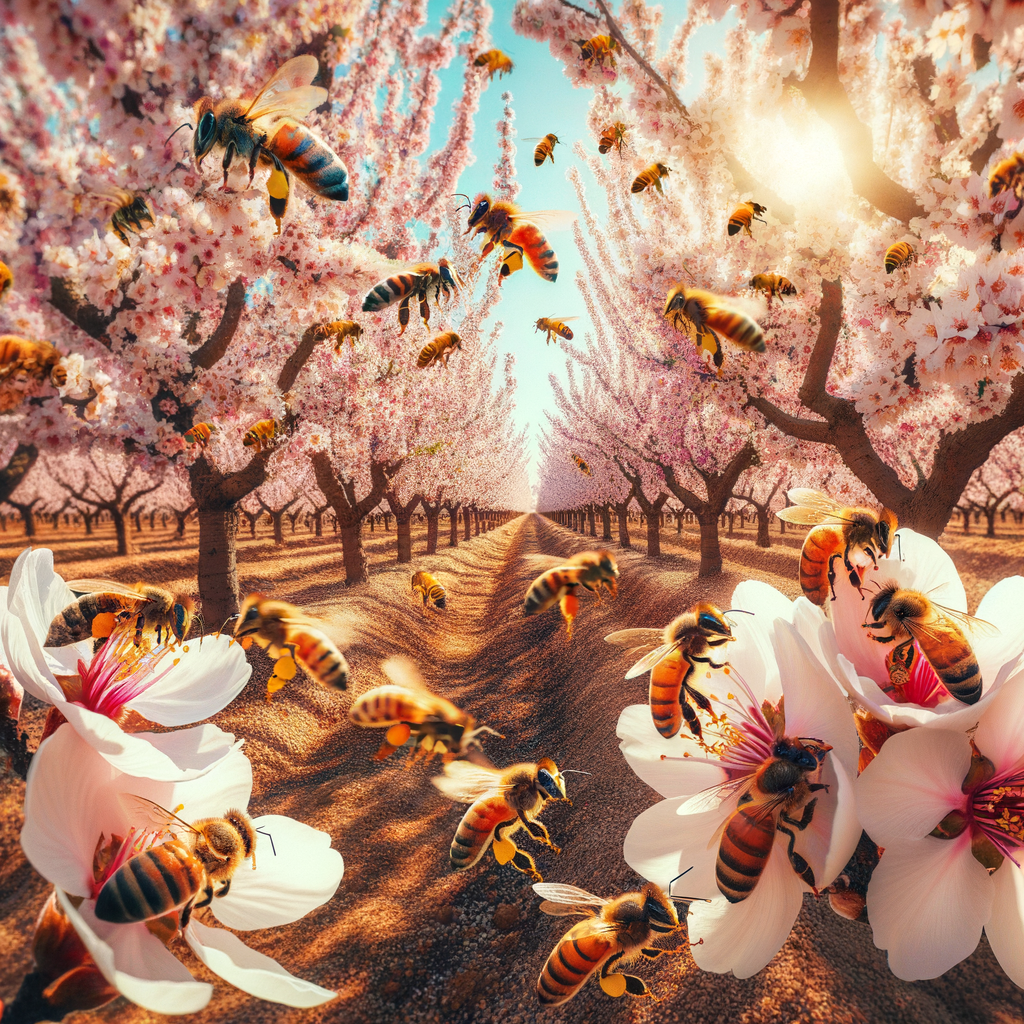 Local beekeeping practices in almond orchards showcasing almond tree pollination and honey production through the interaction of honey bees and almond blossoms.