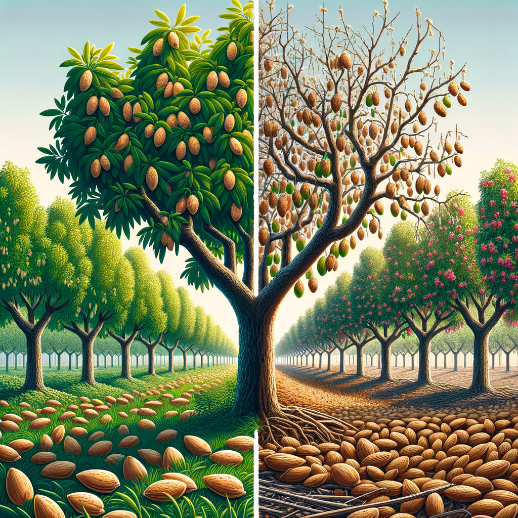 Almond tree cultivation impacted by climate change effects, highlighting the environmental impact on almond trees and the need for climate adaptation for sustainable almond production.