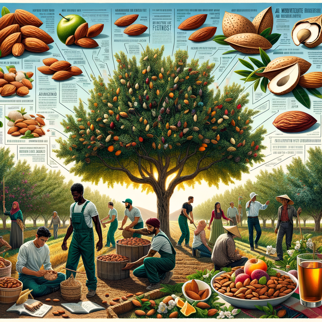 Almond tree cultivation and harvesting process in a lush orchard, showcasing almond tree varieties, almond nutrition facts, traditional almond dishes, and almond cooking techniques for almond-based foods.