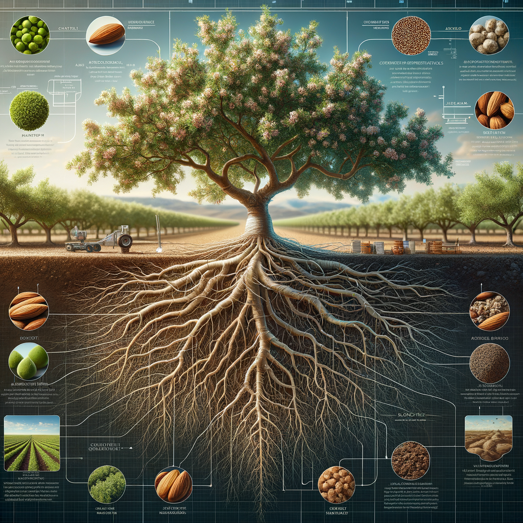 Comprehensive illustration of almond tree root structure, depth, and health, including an almond tree planting guide, root damage areas, and almond tree farming techniques for optimal almond tree growth and care.