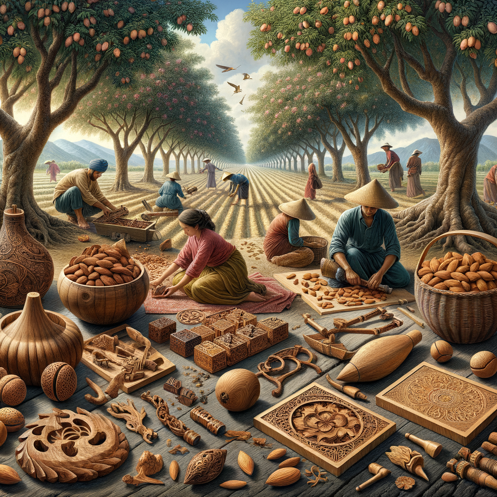 Farmers engaged in almond tree cultivation and care, with a display of traditional almond crafts, almond wood art, and almond-based handicrafts showcasing the diverse uses of almond tree products.