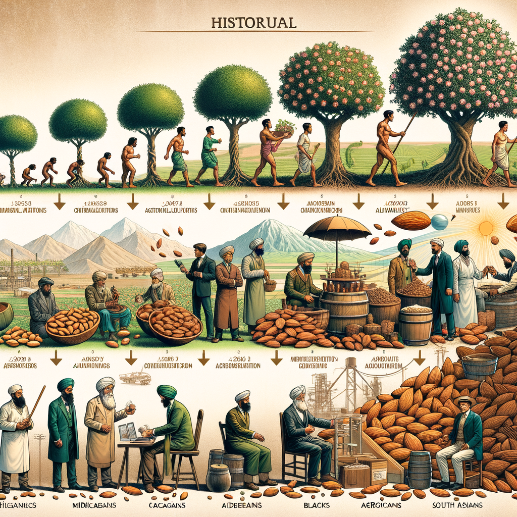 Infographic detailing Almond Tree Cultivation, Almond Product Development, Almond Industry Evolution, Almond Tree History, Almond-Based Products, Almond Tree Varieties, Almond Production Techniques, Evolution of Almond Processing, Almond Tree Breeding, and Innovations in Almond Products.