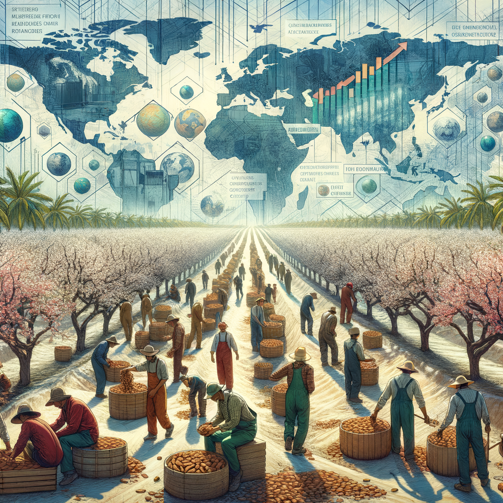 Panoramic view of almond tree cultivation and production on a global scale, illustrating the impact of international almond trade, environmental effects, and industry globalization on the global almond market and trade economy.