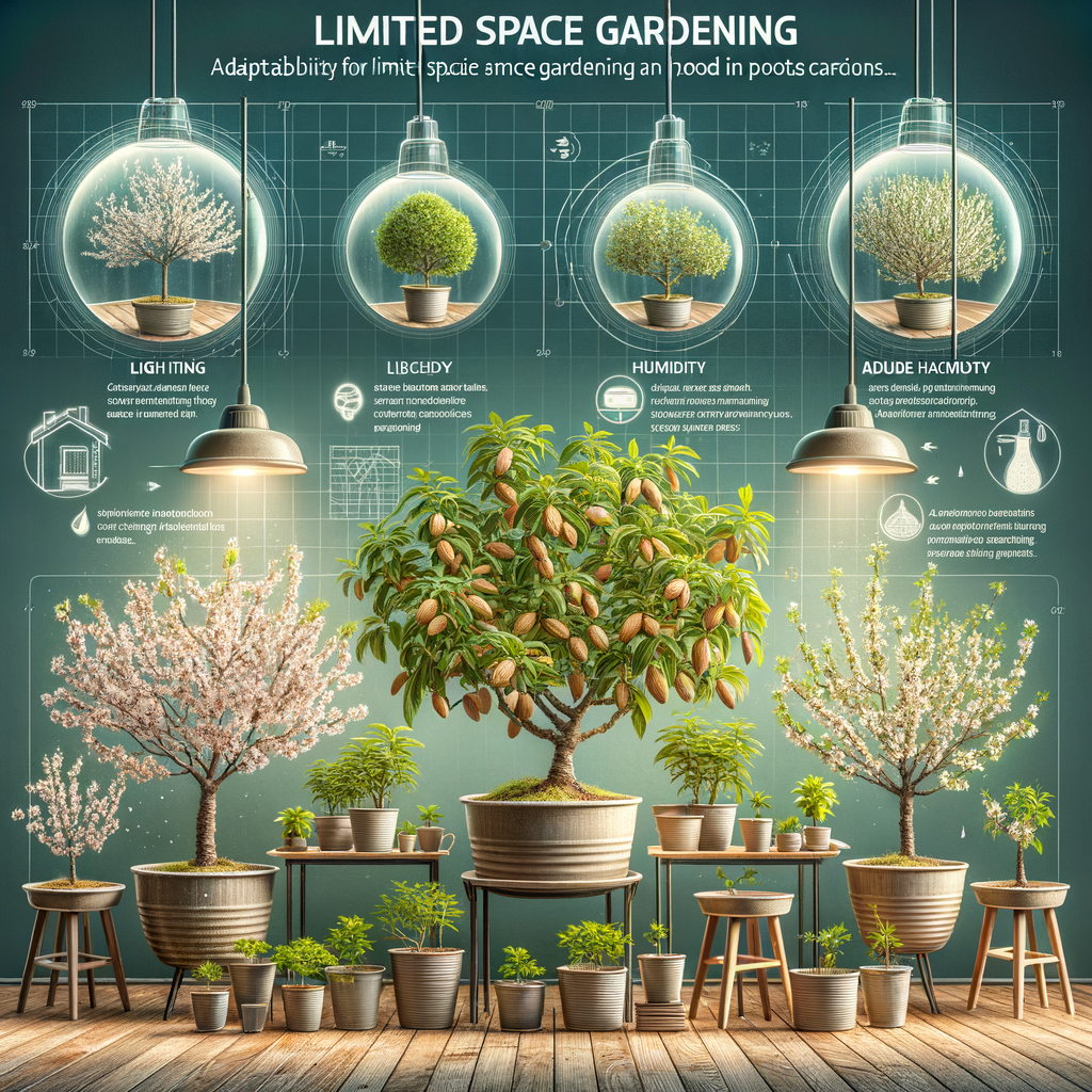 Varieties of indoor almond trees in different sized containers, demonstrating almond tree cultivation and care for container gardening, highlighting adaptability for small space gardening and suitable growth conditions.