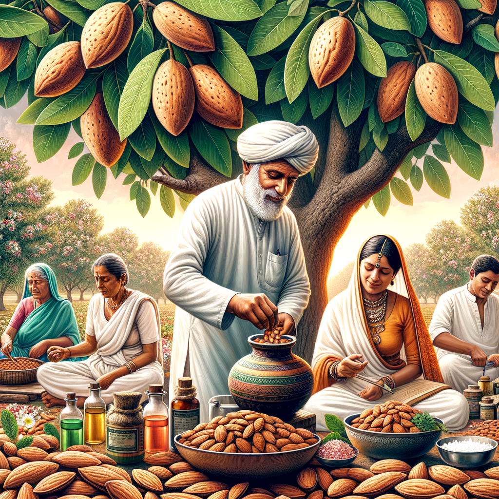 Indian almond trees with ripe fruits and practitioners preparing traditional almond tree remedies, highlighting almond tree health benefits and medicinal uses in India.