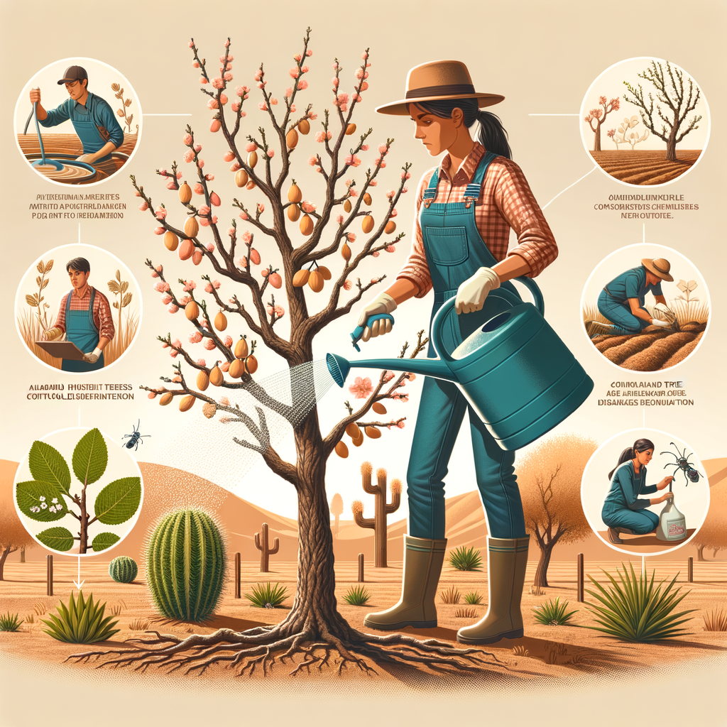Professional gardener demonstrating almond tree care in dry climate, performing tasks like watering, pruning, fertilization, pests control, and identifying almond tree diseases.