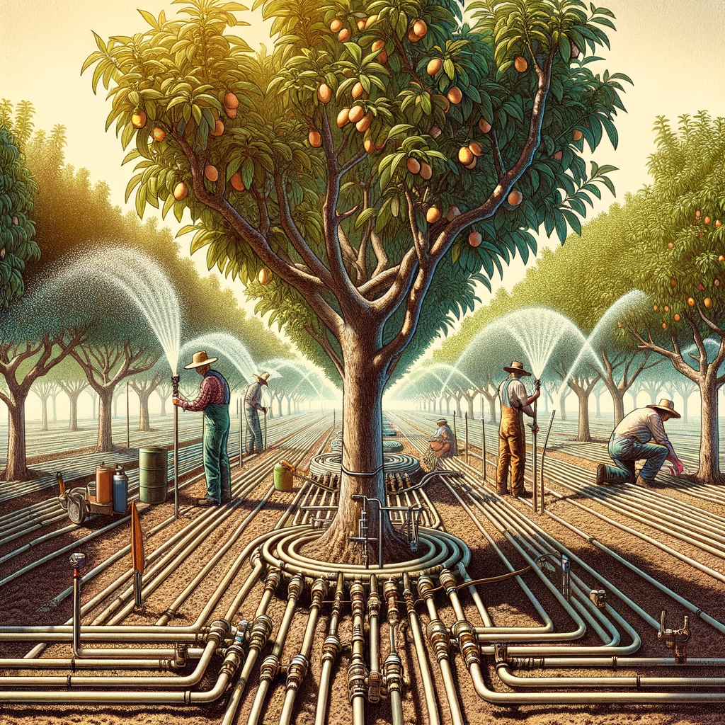 Detailed illustration of almond tree cultivation using advanced drip irrigation techniques, highlighting the advantages and efficiency of almond farming irrigation for optimal almond tree care and watering needs.