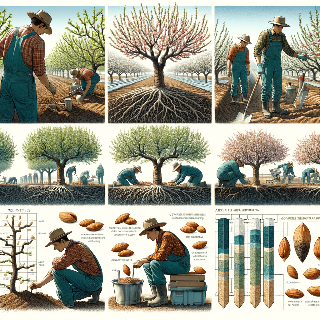 Illustration of almond tree cultivation process, highlighting soil preparation techniques, almond farming methods, almond tree soil requirements, and care for almond tree growth, including a guide on essential soil nutrients and planting techniques for almond trees.