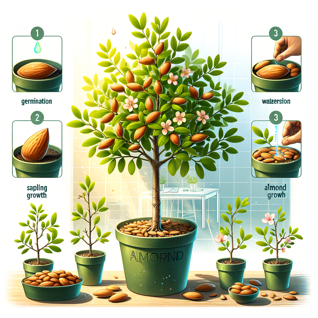 Indoor almond tree thriving in a pot, illustrating almond cultivation in containers and stages of almond growth for a guide to growing almonds at home, emphasizing on almond tree care and tips for successful container gardening of almonds.