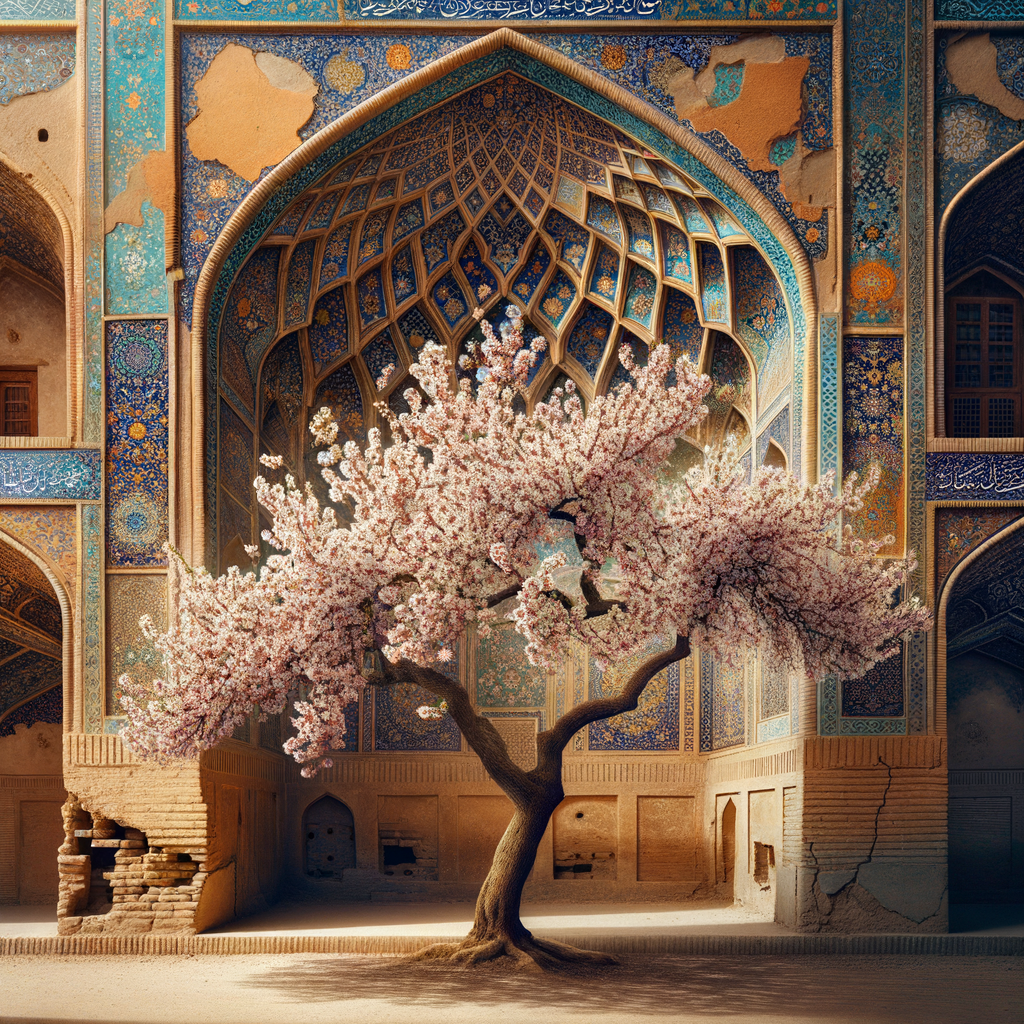 Majestic Persian almond tree in full bloom, symbolizing the historical symbolism and cultural importance of almond trees in Persia.