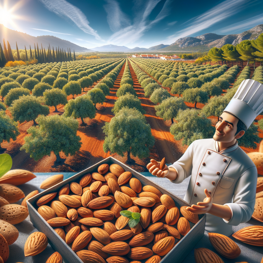 Portuguese chef preparing almond dessert in lush almond orchards in Portugal, illustrating almond tree cultivation, almond usage in Portuguese cuisine, and almond production in Portugal.