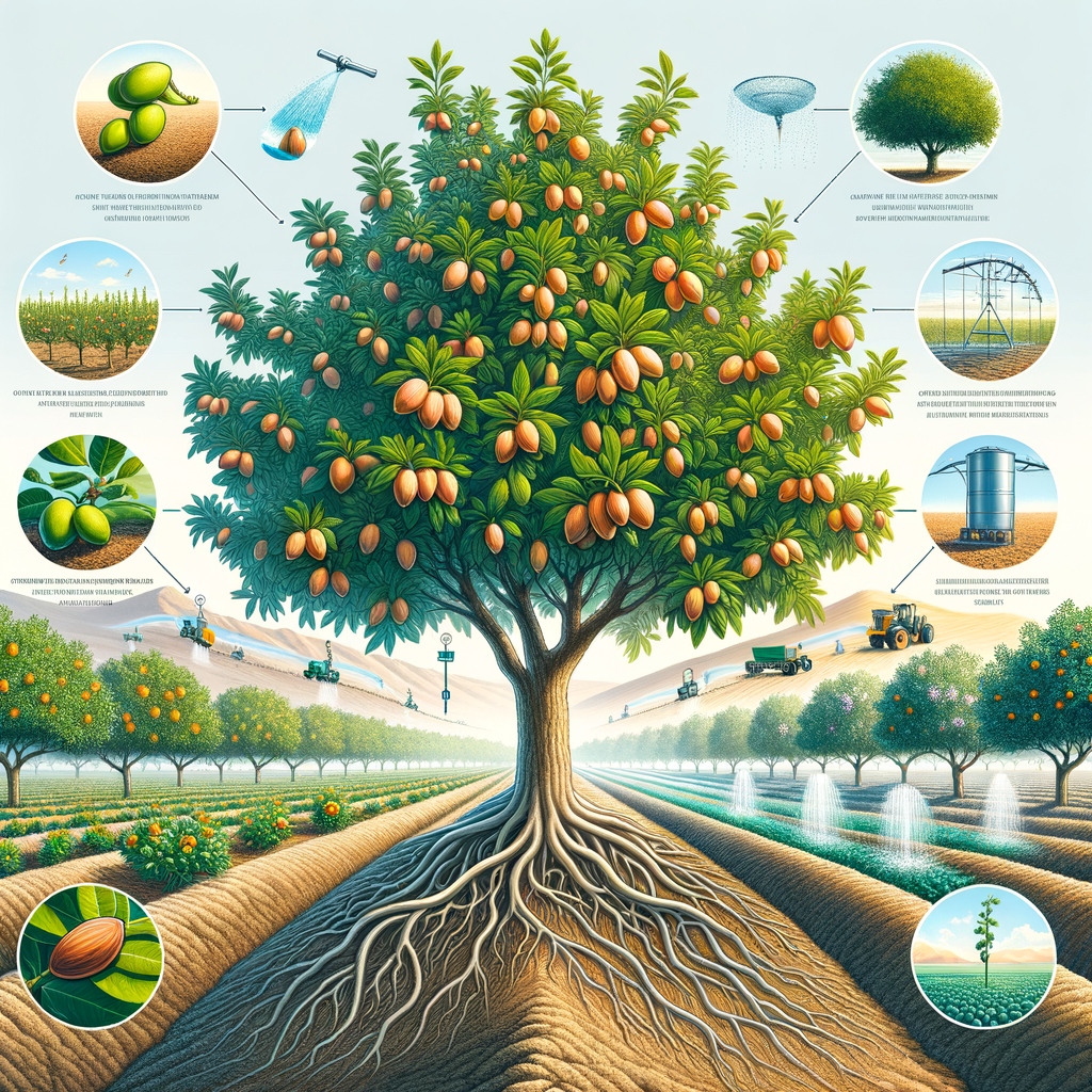 Infographic illustrating almond tree irrigation, growth stages, and care, highlighting the importance of watering and best cultivation practices in almond farming.