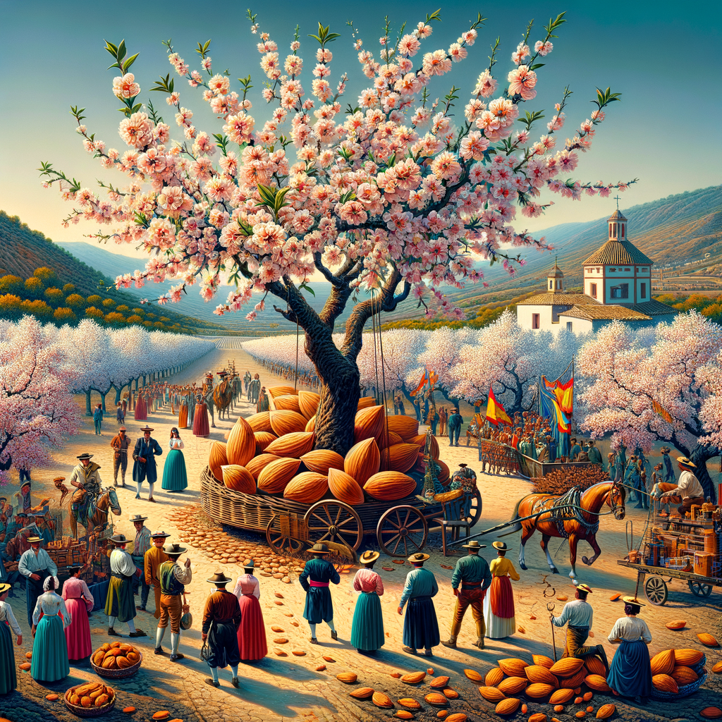 Vibrant depiction of almond trees in Spain, illustrating Spanish almond tree culture, historical significance, almond cultivation practices, and almond tree festivals, reflecting the cultural importance and symbolism of almond trees in Spanish traditions.