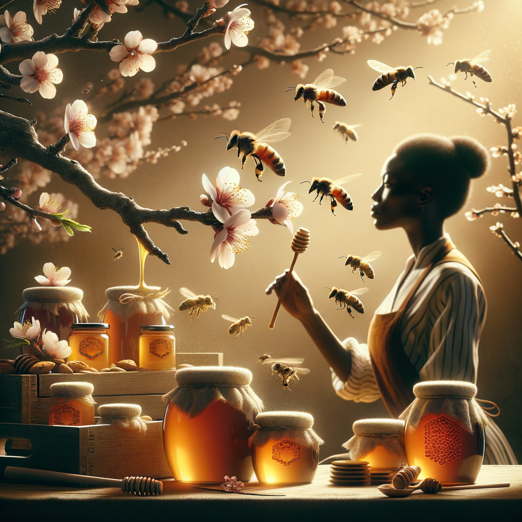 Beekeeper observing honey bees pollinating almond blossoms, highlighting local almond honey production and benefits, and the impact of almond trees on honey production.