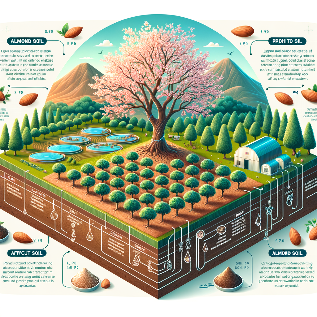 Infographic illustrating almond tree cultivation, soil requirements, growth rate in different soils, and care tips for almond tree farming in a lush plantation.
