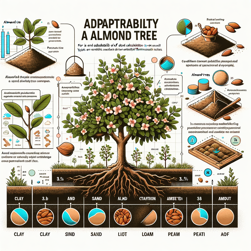 Infographic detailing almond tree cultivation, care, and planting guide, highlighting the adaptability of almond trees to various soil types and conditions for optimal farming.