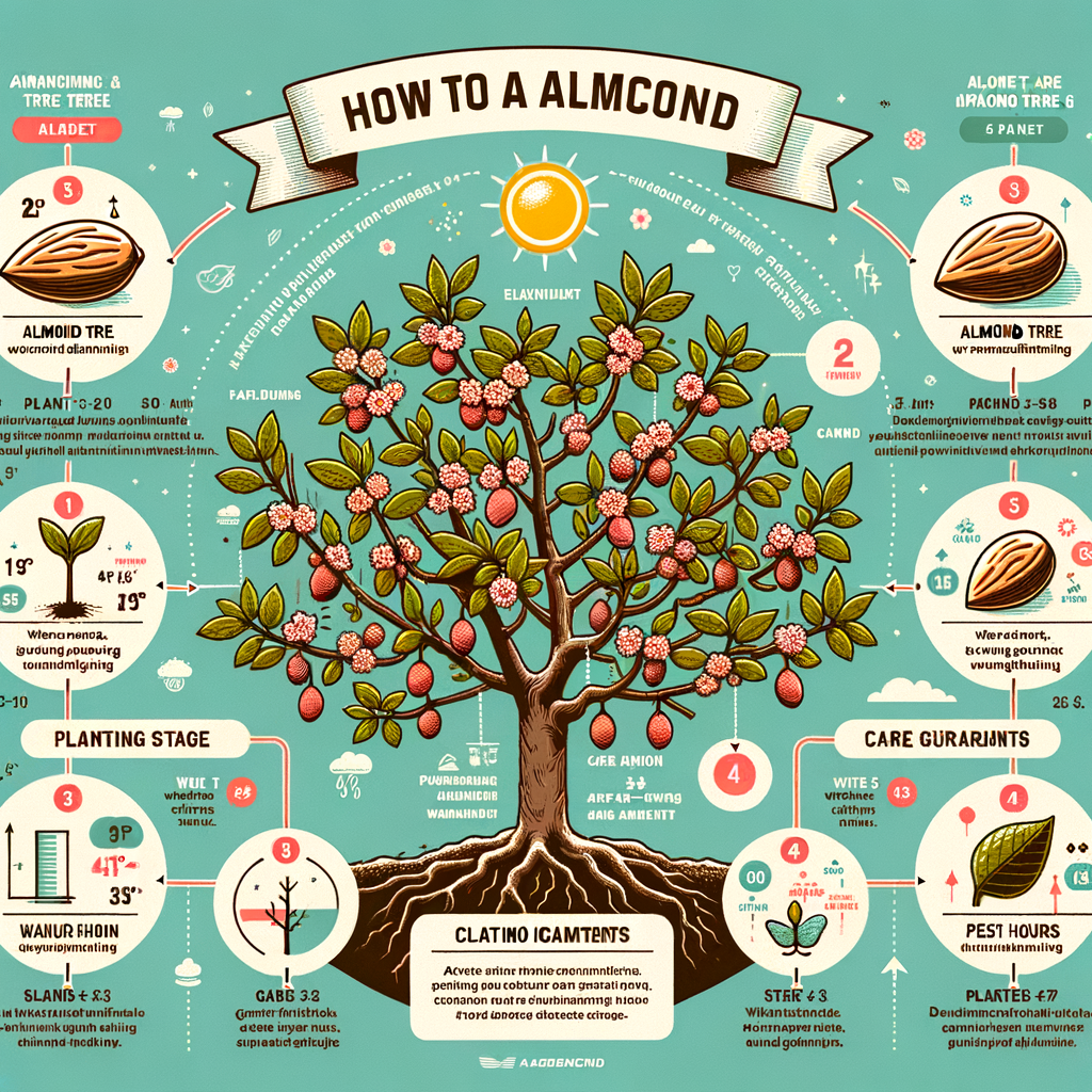 Infographic detailing Almond Tree Growth, Varieties, Climate Adaptation Strategies, and Cultivation requirements including a Planting Guide and Care Tips for adapting Almond Trees to different climates.