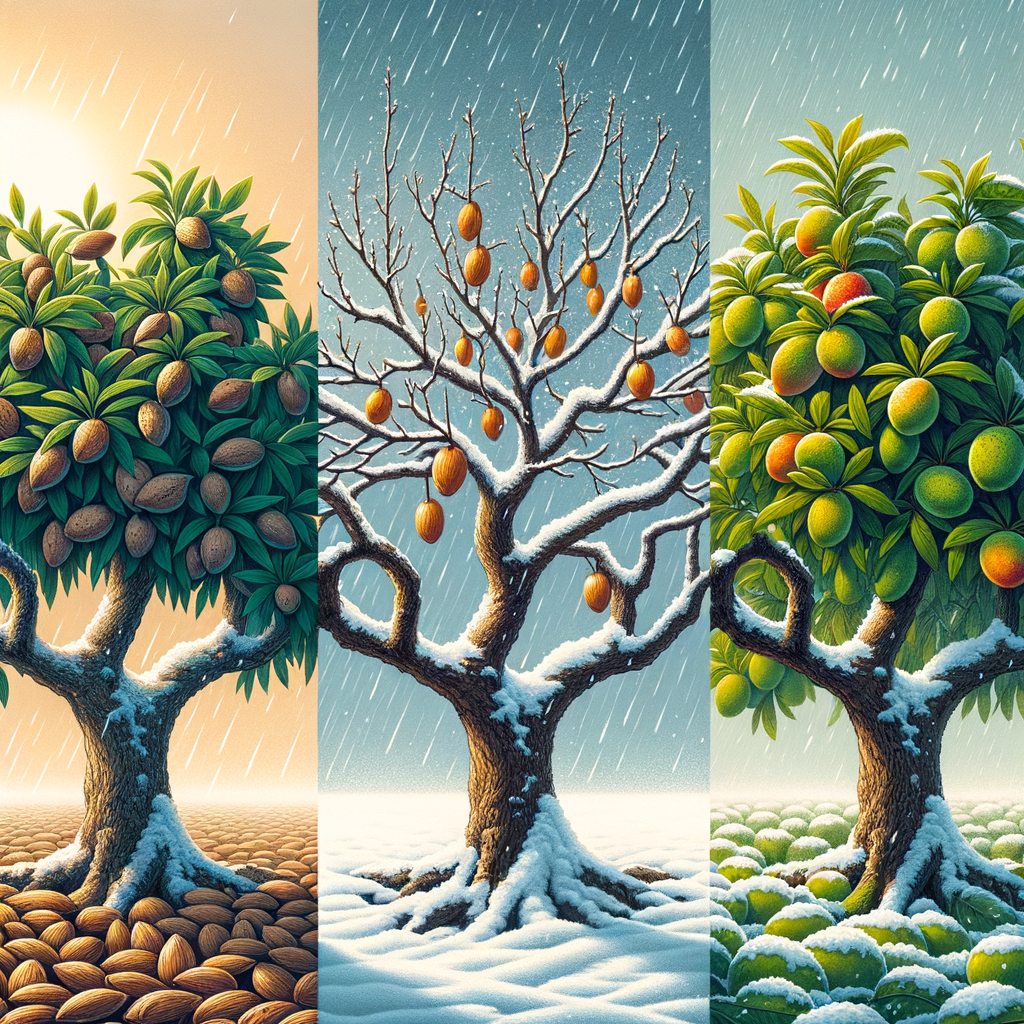 Infographic illustrating almond tree cultivation, care, and growth conditions, showcasing the adaptability, climate tolerance, and resilience of various almond tree varieties in different climates.