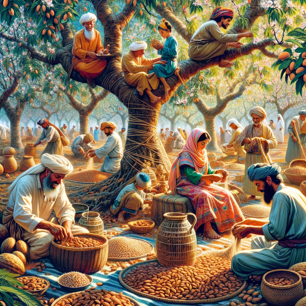 Indigenous people practicing traditional almond cultivation, highlighting the cultural importance and significance of almond trees in native cultures, and their role in indigenous almond tree folklore and traditions.
