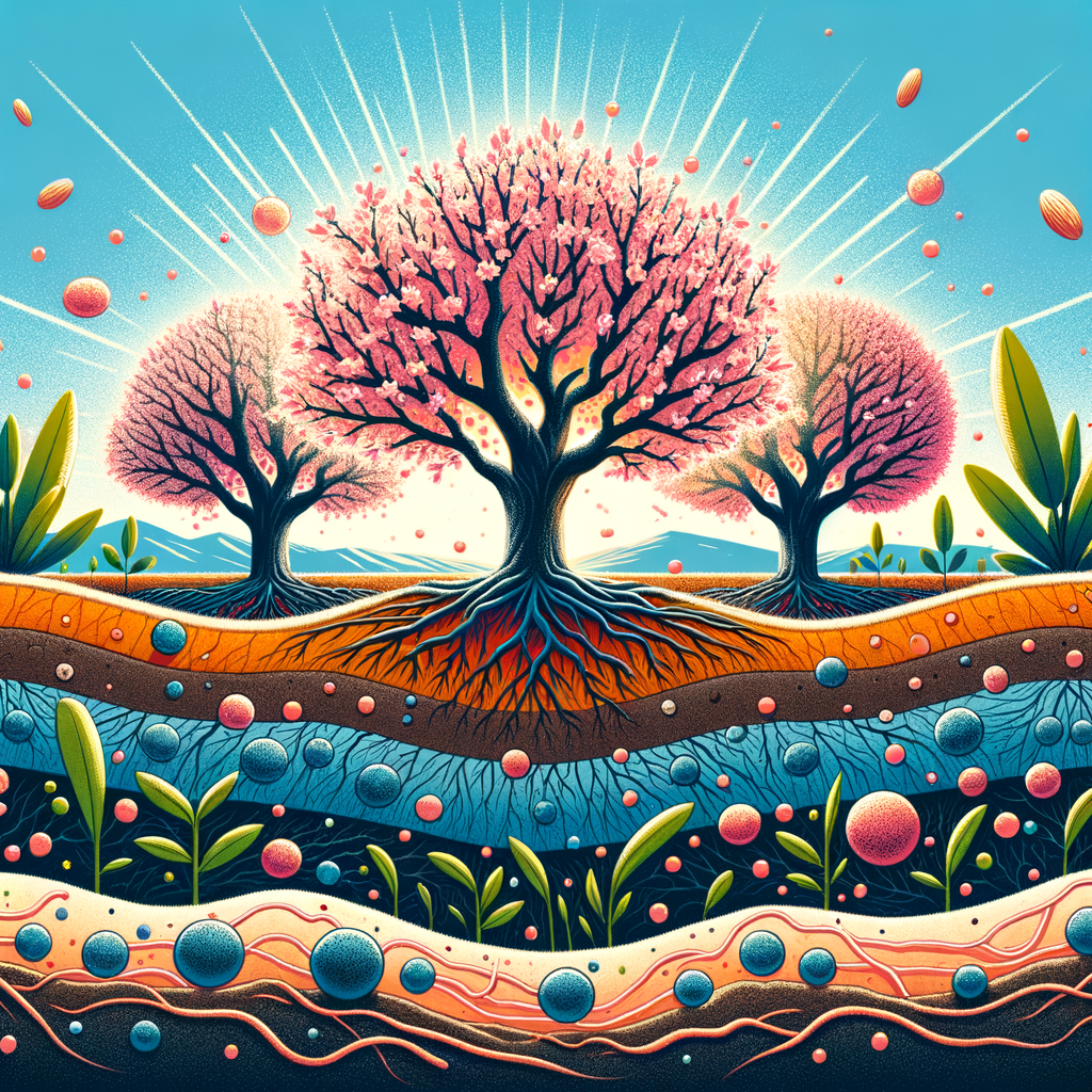 Vibrant illustration of almond tree cultivation in microorganism-rich soil, demonstrating the symbiotic relationship between soil bacteria and almond trees for optimal growth and farming.