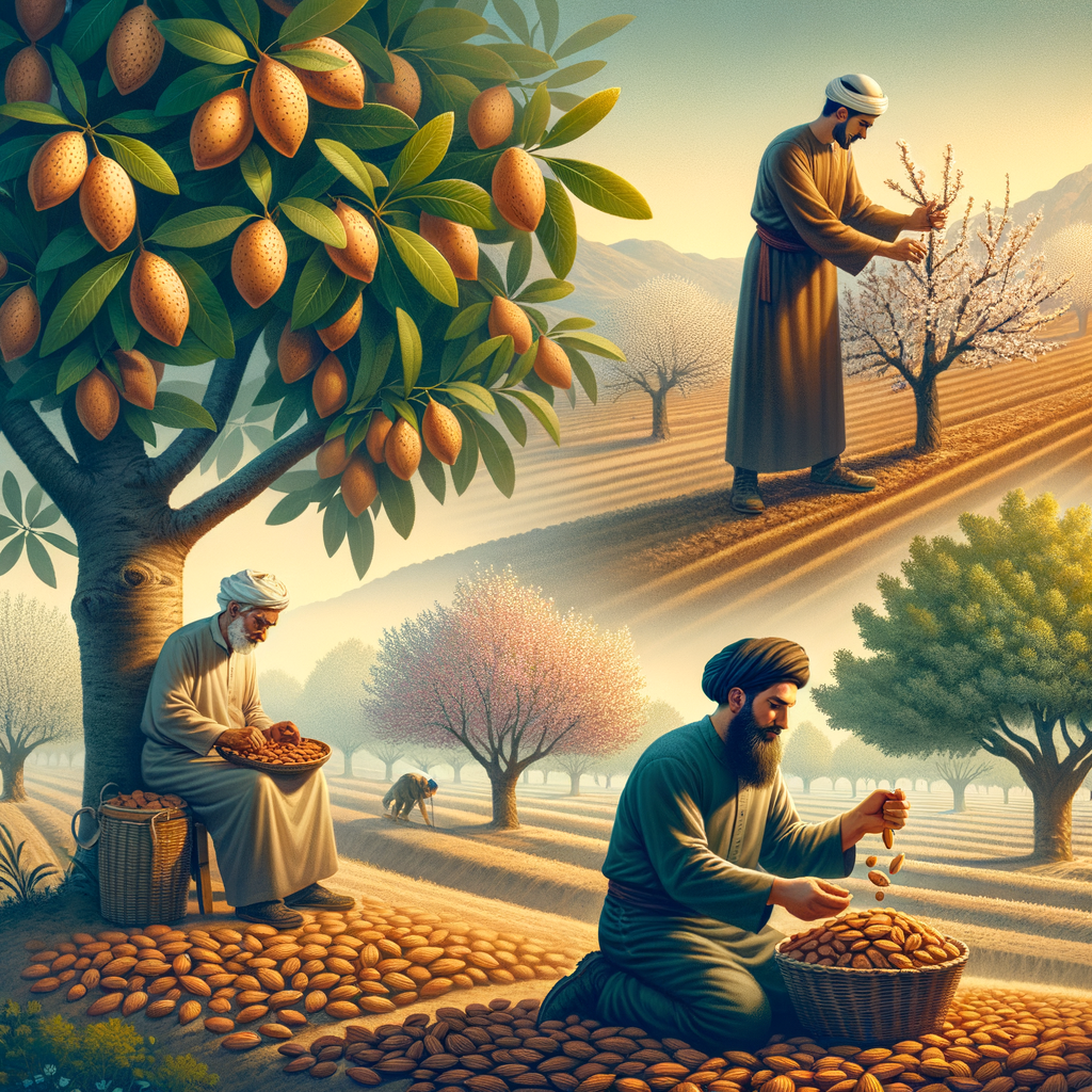 Farmers practicing traditional almond tree farming techniques and almond tree care, highlighting the role of almond trees in traditional farming wisdom and the importance of almond cultivation in agriculture.