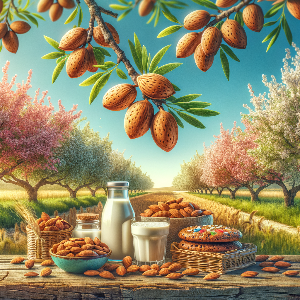 Almond trees in an orchard with ripe almonds, showcasing gluten-free almond products like almond flour and almond milk, highlighting the benefits of almonds in gluten-free cooking and nutrition.