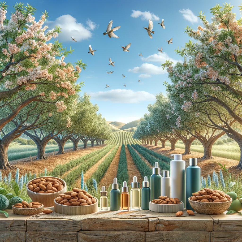 Almond tree orchard showcasing almond tree cultivation benefits and sustainable beauty routines, featuring almond oil and other almond-based skincare products for eco-friendly beauty practices and industry sustainability.