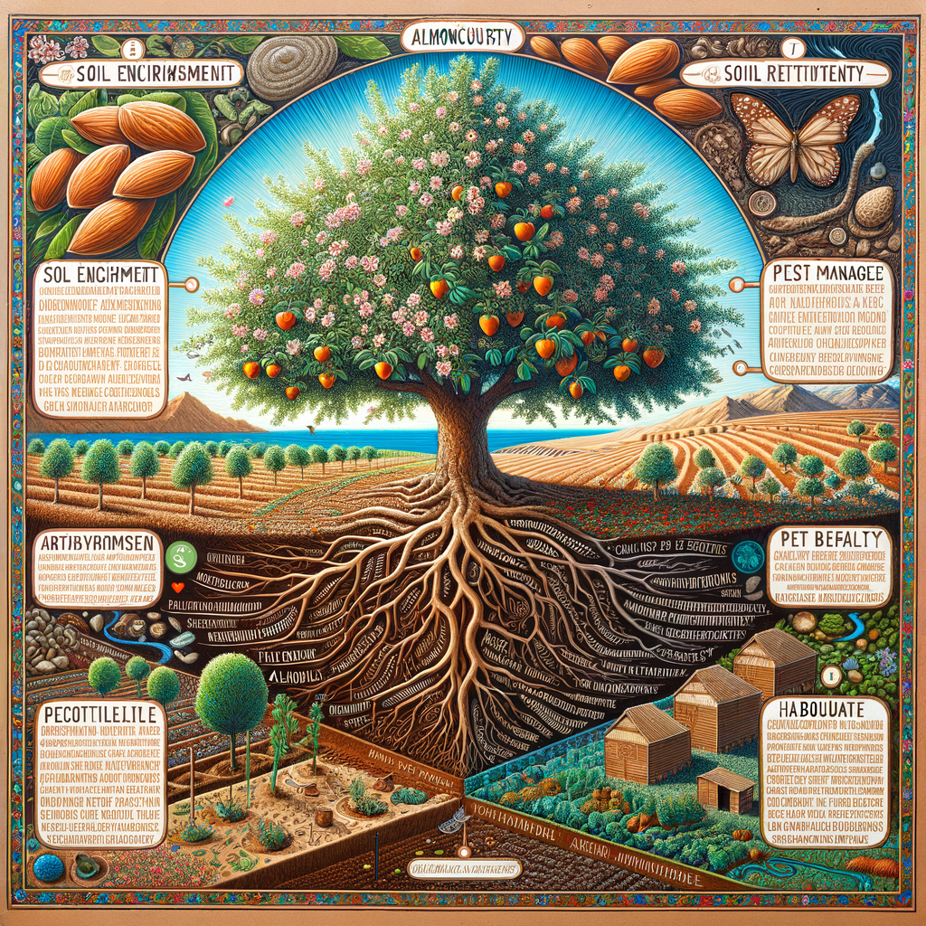 Professional illustration of almond trees' role in permaculture design, emphasizing sustainable farming, almond tree cultivation benefits, and their importance in the ecosystem.