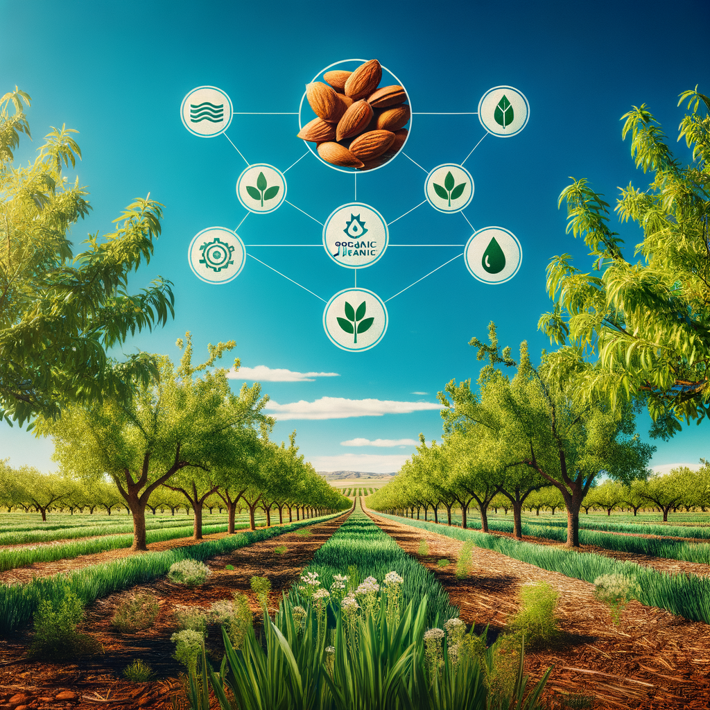 Organic almond farming techniques in action, showcasing the benefits of almond trees in sustainable agriculture and their contribution to the organic ecosystem.